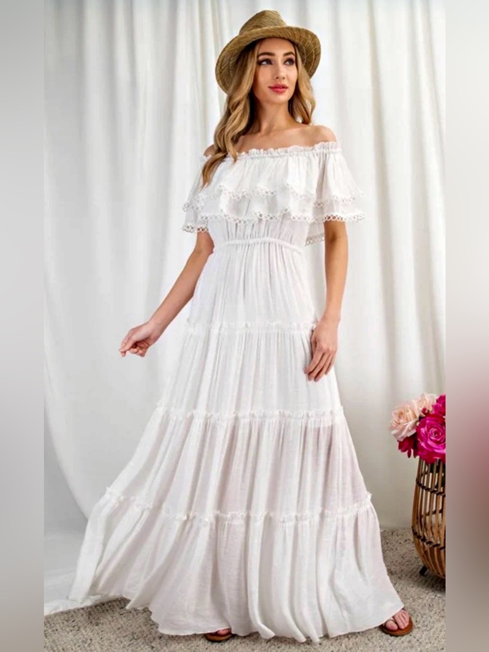 NWT Eesome Off Shoulder White Tiered Prairie Dress Boho Cottagecore S